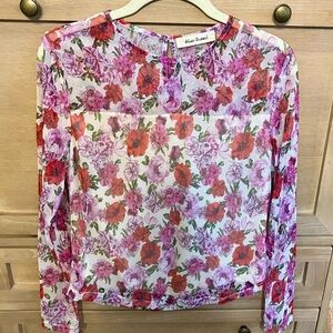 Blue Tassel Floral Long Sleeve Blouse